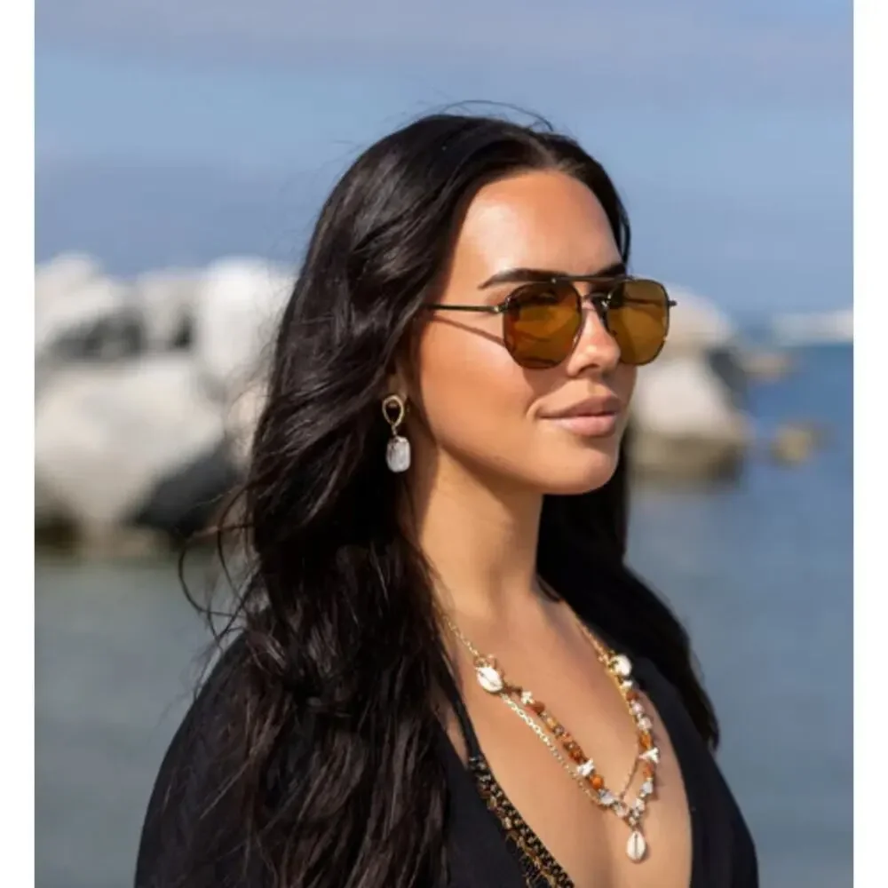 Mens Geometric Double Bridge Gold Frame & Lens Sunglasses Fashion Eyewear